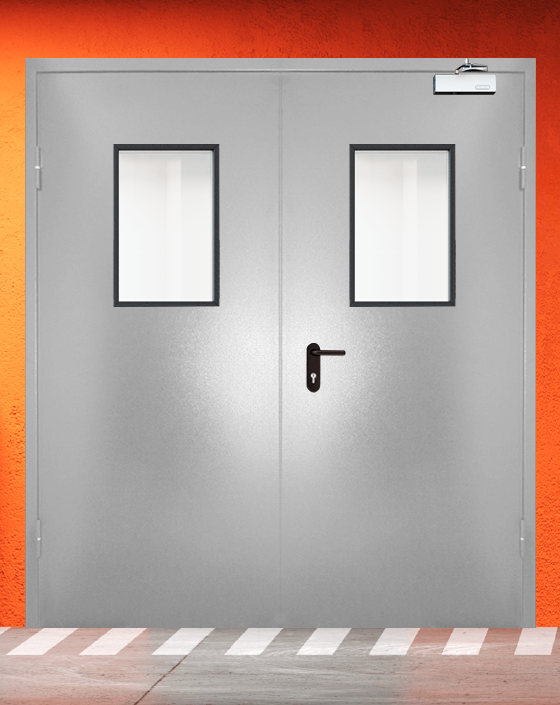 Противопожарная двупольная серая дверь порошковым напылением EIW 30 с прямоугольным окном