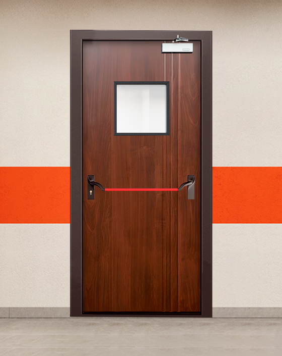 Противопожарная однопольная МДФ коричневая дверь с ручкой антипаника, квадратным окном