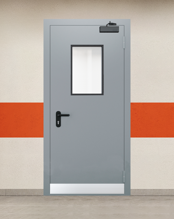 Противопожарная однопольная серая дверь EI 45 с прямоугольным окном, узким отбойником