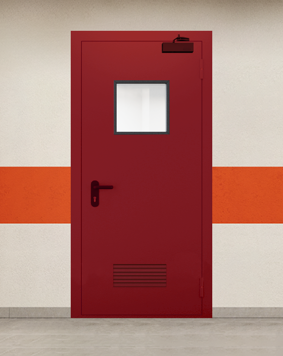 Противопожарная однопольная красная дверь EI 45 с квадратным окном, прямоугольной решеткой