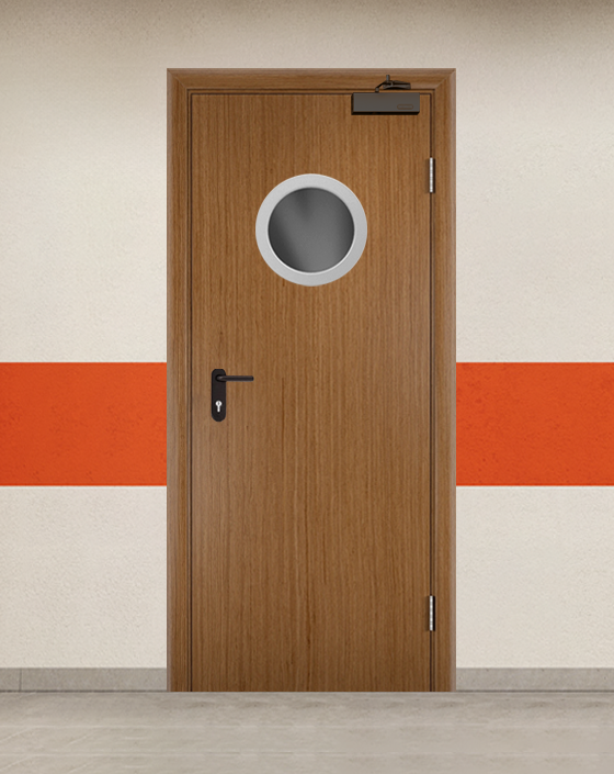 Противопожарная однопольная шпон серая дверь с круглым окном