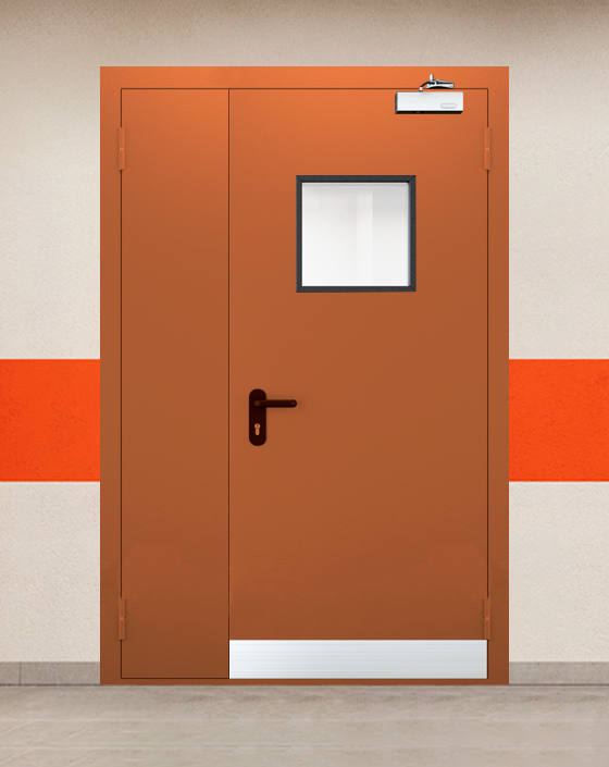 Противопожарная полуторная коричневая дверь EI 45 с квадратным окном, узким отбойником