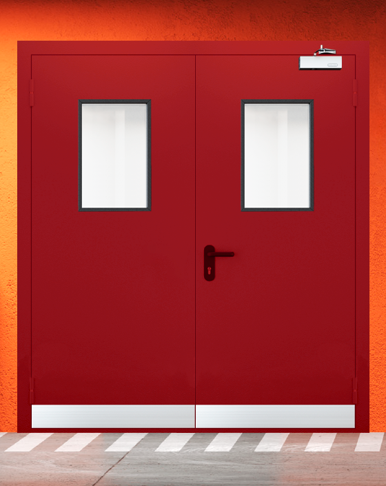 Противопожарная двупольная красная дверь EIWS 90 с прямоугольным окном, узким отбойником