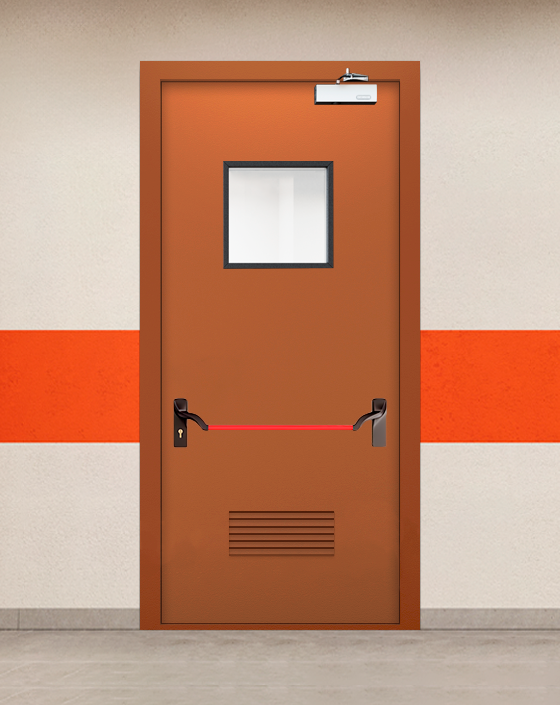 Противопожарная однопольная коричневая дверь EIW 60 с ручкой антипаника, квадратным окном, прямоугольной решеткой