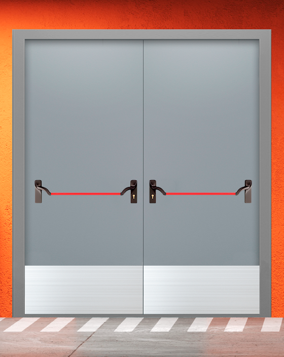 Противопожарная двупольная серая дверь EI 30 (3-го типа) без доводчика с ручкой антипаника, широким отбойником