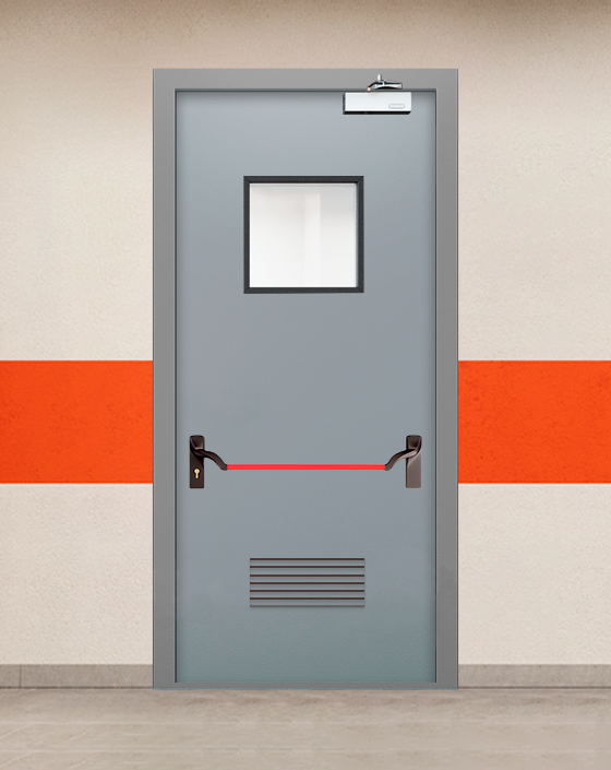 Противопожарная однопольная серая дверь EIS 60 с ручкой антипаника, квадратным окном, прямоугольной решеткой