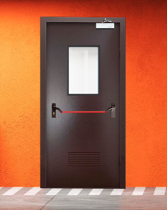 Противопожарная однопольная коричневая дверь порошковым напылением EIWS 45 с ручкой антипаника, прямоугольным окном, прямоугольной решеткой